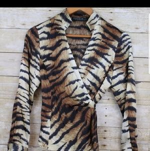 100% Silk tiger print wrap blouse